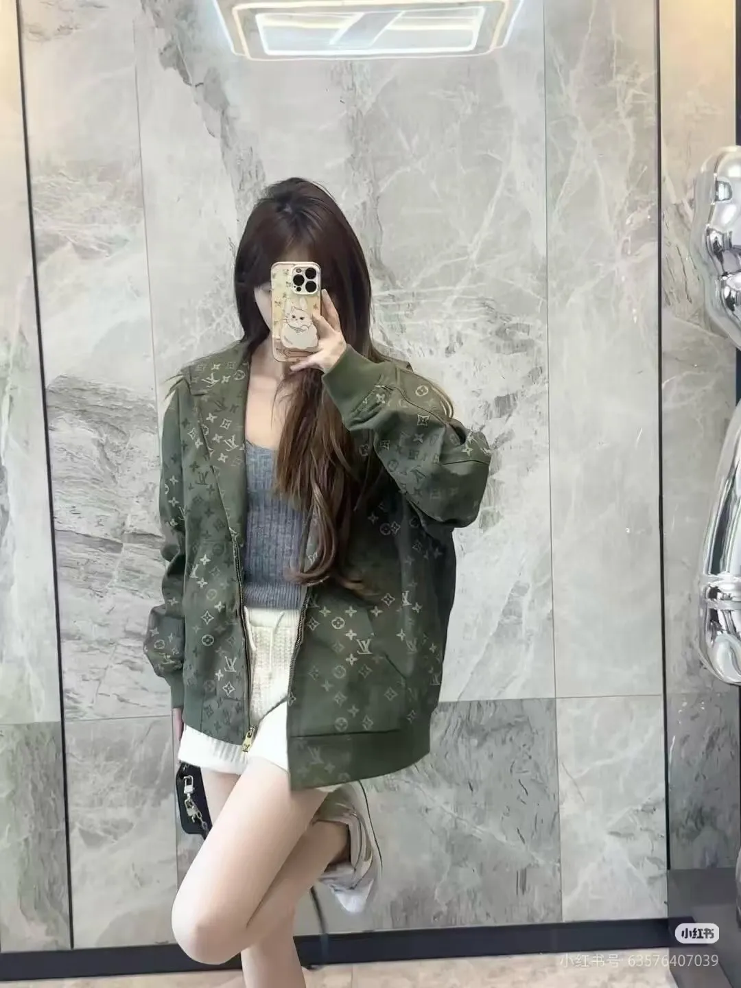 Louis Vuitton/Louis Vuitton Presbyopia printed army green zipper hooded jacket